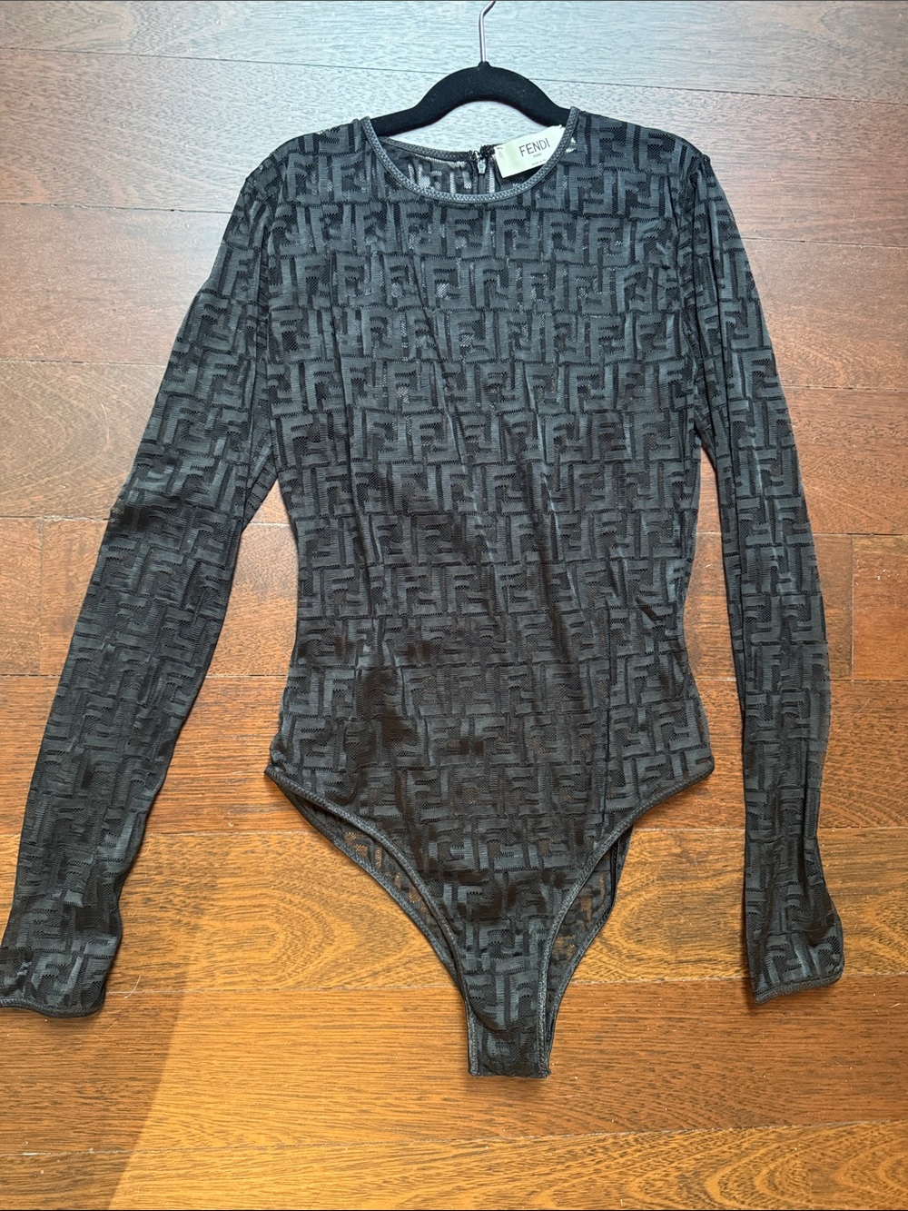 Fendi Black Textured FF Logo Long Sleeve Bodysuit